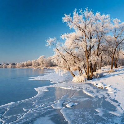 Snowy Trees by Frozen Lake