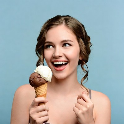 Young woman eating ice cream cone