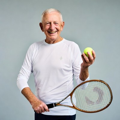 Elderly man holding tennis racket and ball