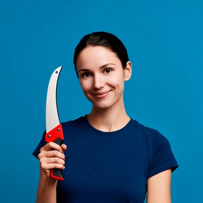 Woman holding red pruning saw