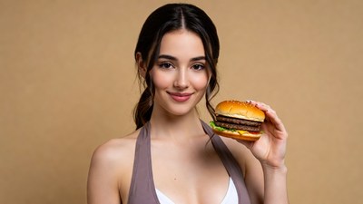 Woman holding juicy burger