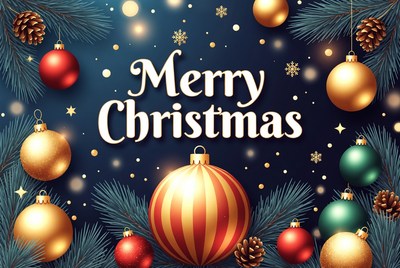 Merry Christmas with Ornaments and Pine