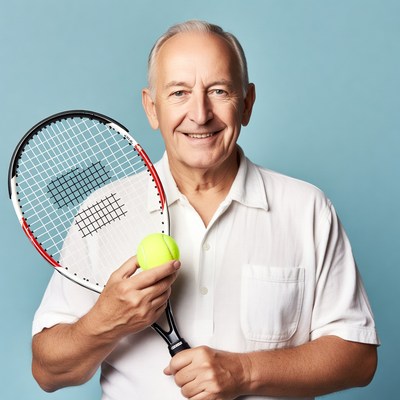 Senior man holding tennis racket and ball