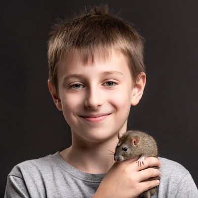 Boy holding pet rat