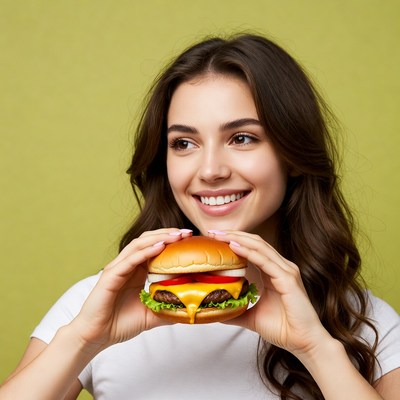 Woman holding cheeseburger