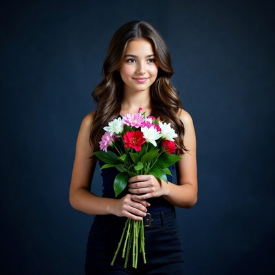 Young woman holding colorful flowers