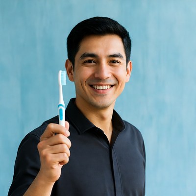 Asian man holding toothbrush