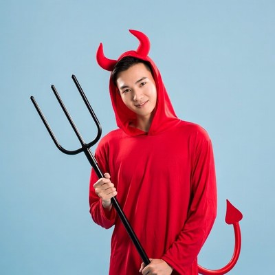 Asian man in devil costume with pitchfork