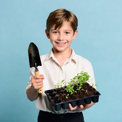 Boy holding seedling tray and trowel