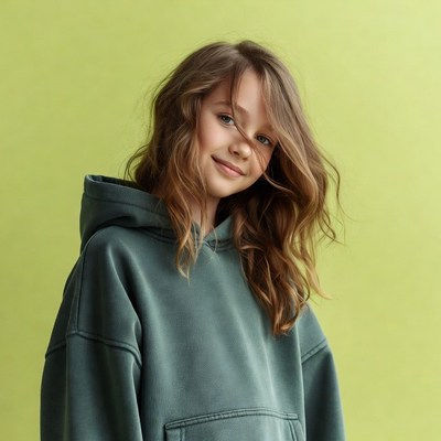 Girl smiling in green hoodie