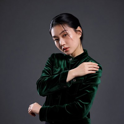 Asian woman in green velvet jacket