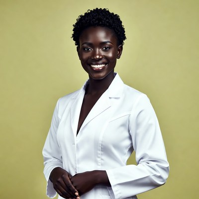 African-American woman in white lab coat