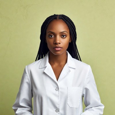 African-American woman in white lab coat