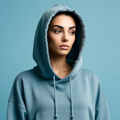 Woman in blue hoodie