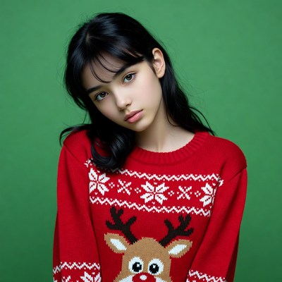 Asian girl in reindeer Christmas sweater
