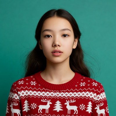 Asian girl in red reindeer Christmas sweater