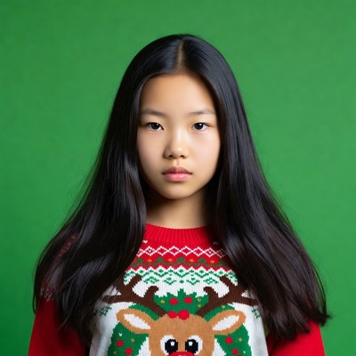 Asian girl in reindeer Christmas sweater