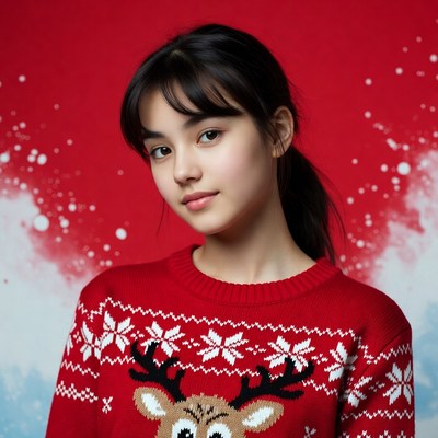 Asian girl in reindeer Christmas sweater