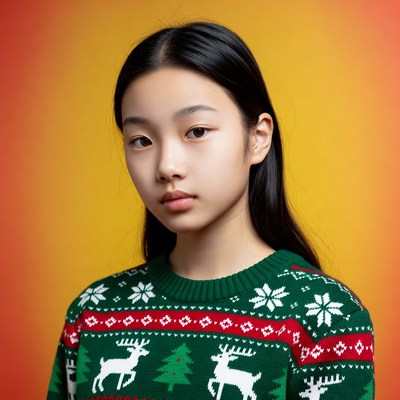 Asian girl in Christmas reindeer sweater
