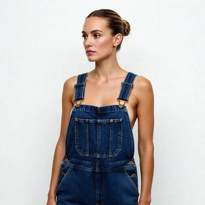 Woman in blue overalls side profile
