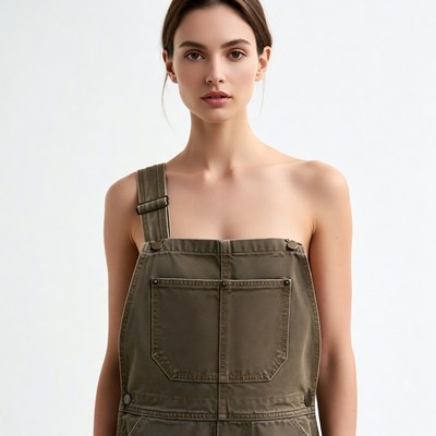 Woman in olive green overalls