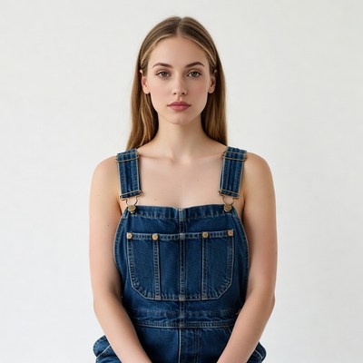 Woman in blue overalls