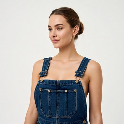 Woman in blue denim overalls