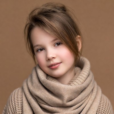 Girl smiling in beige turtleneck scarf