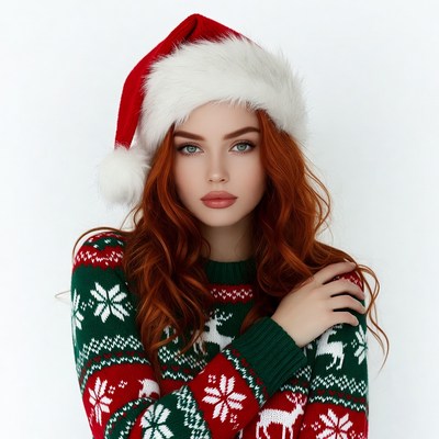 Redhead woman in Santa hat and sweater