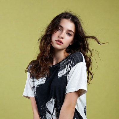 Young woman with wavy hair on yellow background