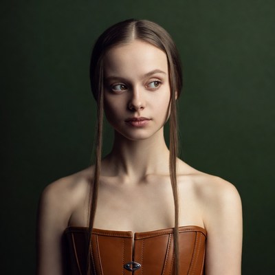 Woman in brown leather corset