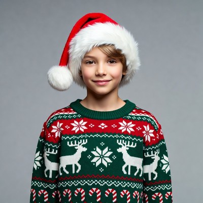 Boy wearing Santa hat and Christmas sweater