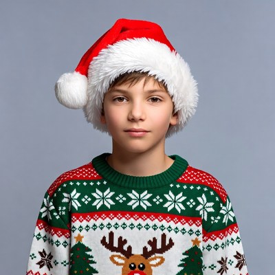 Boy wearing Santa hat and reindeer sweater