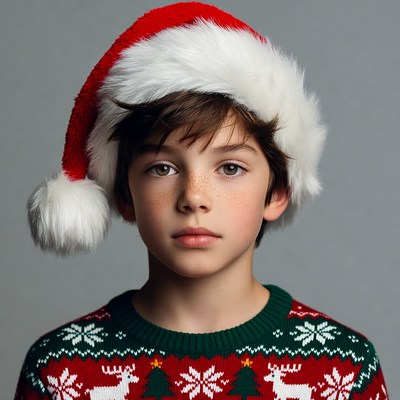 Boy wearing Santa hat and Christmas sweater