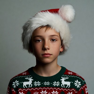 Boy wearing Santa hat and reindeer sweater