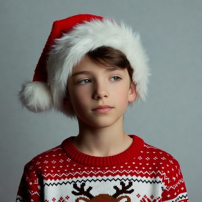 Boy wearing Santa hat and reindeer sweater
