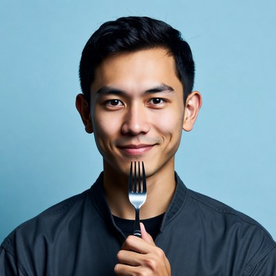 Asian man holding fork