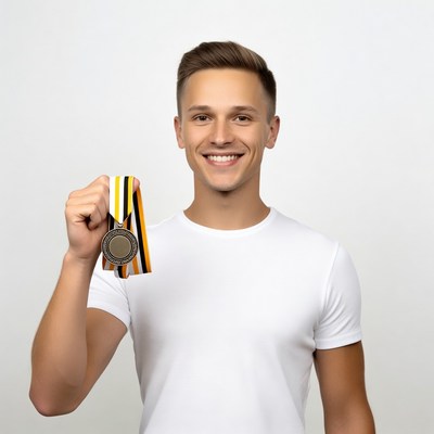 Young man holding gold medal