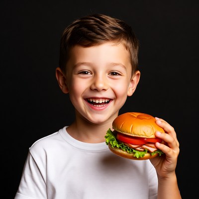 Boy holding burger smiling