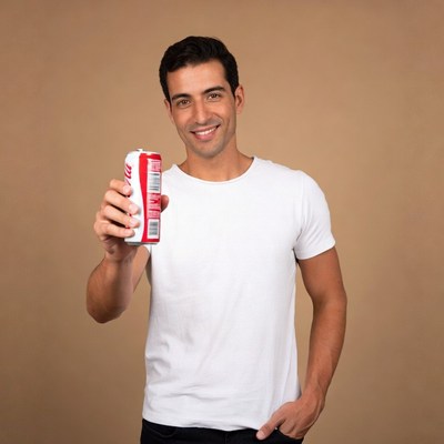 Man holding red soda can