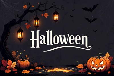 Halloween Pumpkins Lanterns Bats Tree