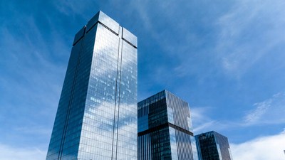Modern Glass Skyscrapers Blue Sky