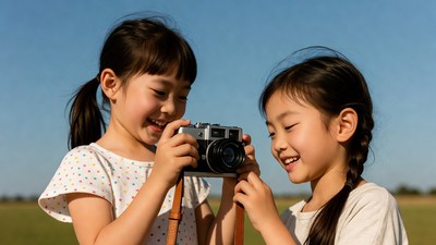 Two Asian girls holding vintage camera