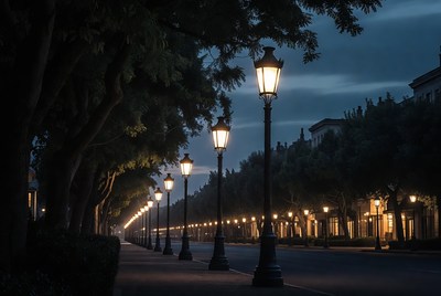 Street Lined with Glowing Street Lamps