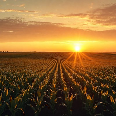 Sunset over cornfield rows