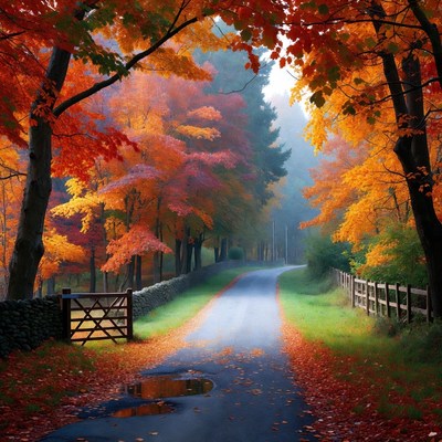 Autumn Lane Through Red Maple Trees