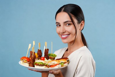 Woman holding skewers and sliders platter
