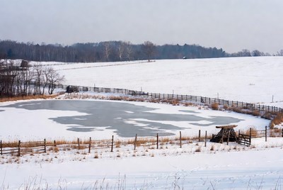 Frozen Pond in Snowy Field