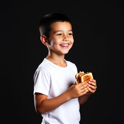 Boy holding grilled cheese sandwich