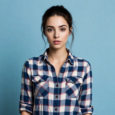 Woman in plaid shirt on blue background